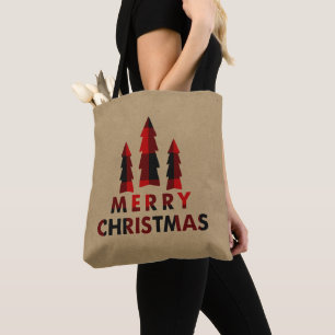 Kerstbomen met landelijke rode buffelruit tote bag
