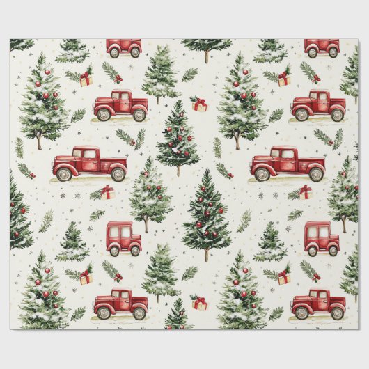 Kerstbomen met oude rode vrachtwagens cadeaupapier (Vlak)