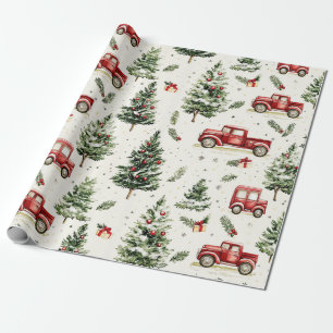 Kerstbomen met oude rode vrachtwagens cadeaupapier