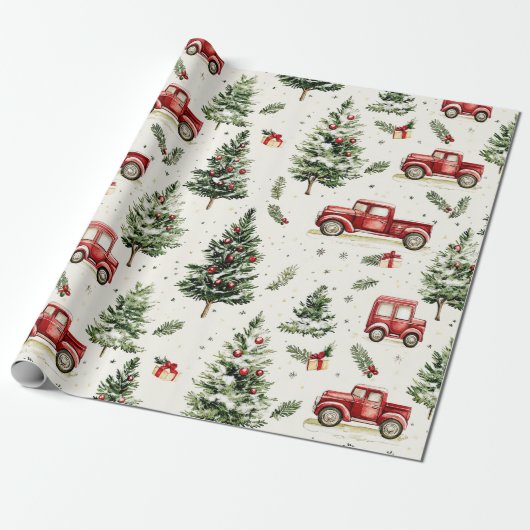 Kerstbomen met oude rode vrachtwagens cadeaupapier (Uitgerold)