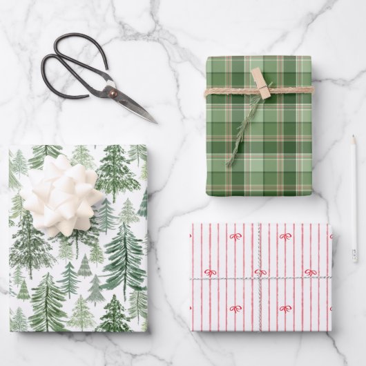 Kerstbomen met Plaid en Rode Lint Bogen Inpakpapier Vel (Voorkant)