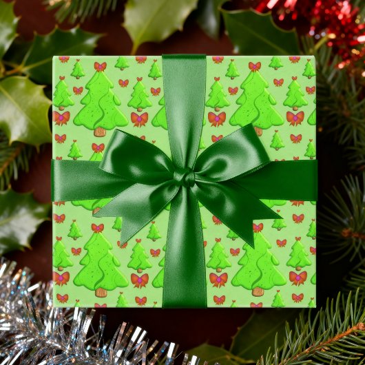 Kerstbomen Met Rode Strikken Inpakpapier Vel