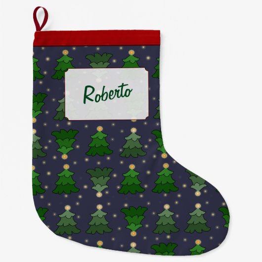 Kerstbomen met sterren en aangepaste naam grote kerstsok (Voorkant)