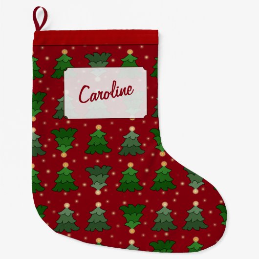 Kerstbomen met sterren en aangepaste naam grote kerstsok (Voorkant)