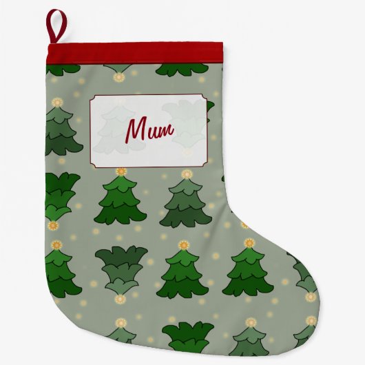 Kerstbomen met sterren en aangepaste naam grote kerstsok (Voorkant)