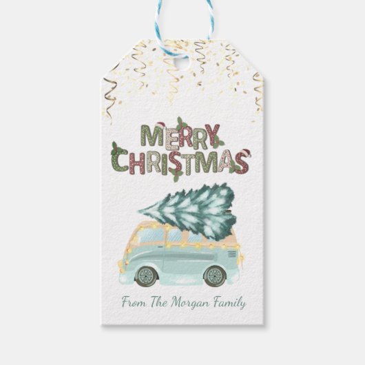 Kerstbomen met vrachtwagen,Confetti,Prettig kerstf Cadeaulabel (Voorkant)