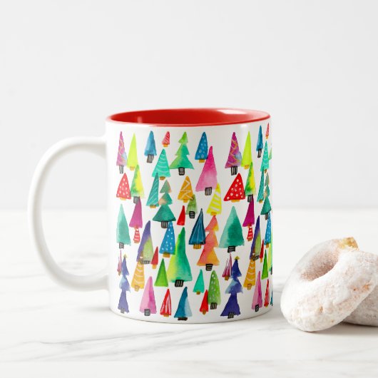 kerstbomen met waterverf tweekleurige koffiemok (Met donut)