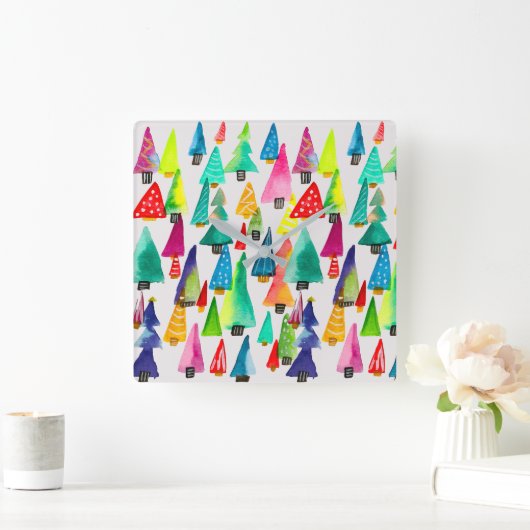 kerstbomen met waterverf vierkante klok (Huis)