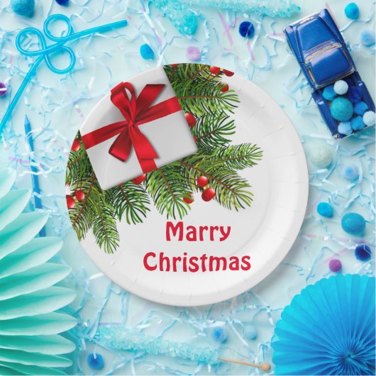 kerstbomen met wit Cadeau rood Papieren Bordje (Feest)