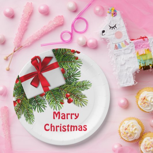 kerstbomen met wit Cadeau rood Papieren Bordje (Feest)