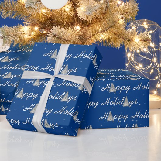 Kerstbomen op blauwe achtergrond cadeaupapier (Feestdagen)