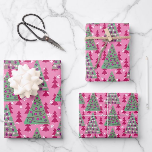 Kerstbomen op Hot Pink Inpakpapier Vel (Voorkant)