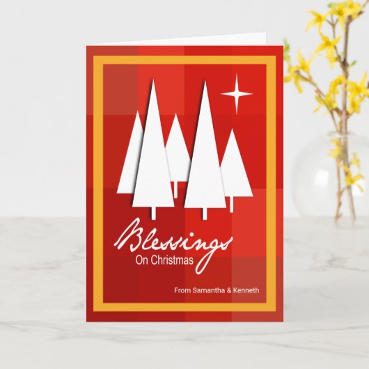 Kerstbomen op rode geruite dozen kaart (Gele Bloem)