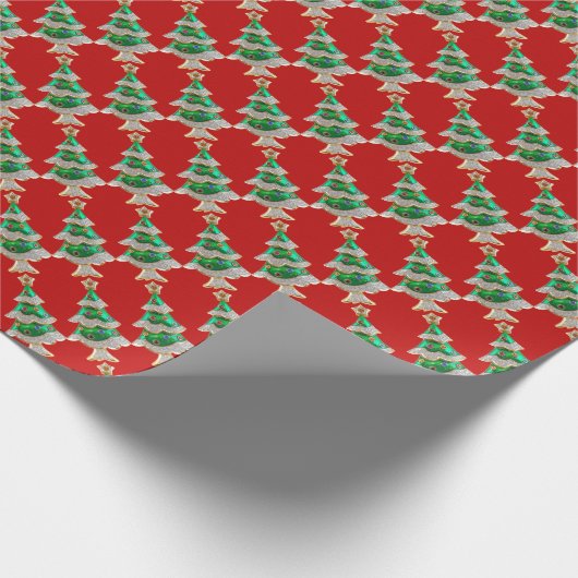 Kerstbomen op rode glitters cadeaupapier (Hoek)