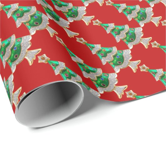 Kerstbomen op rode glitters cadeaupapier (Rol Hoek)