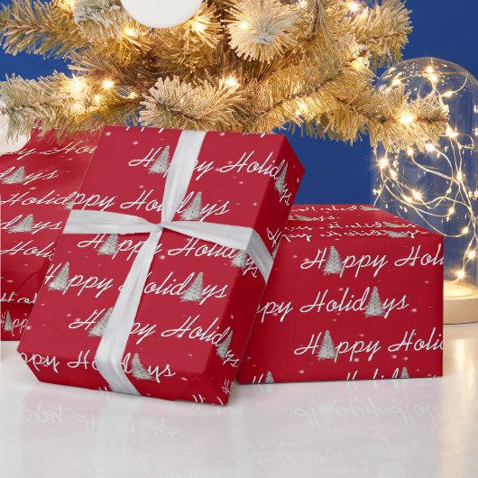 Kerstbomen op rood cadeaupapier (Feestdagen)