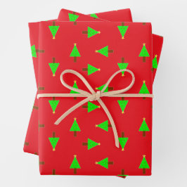 kerstbomen op rood inpakpapier vel
