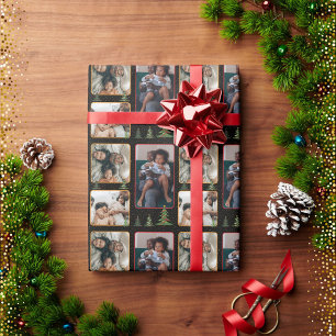 Kerstbomen op sterrenzwarte fotocollage cadeaupapier