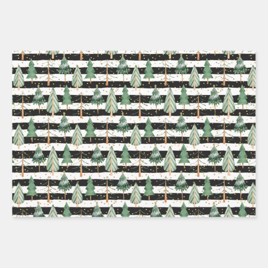 Kerstbomen op zwarte witte strepen Stippen Inpakpapier Vel (Voorkant)