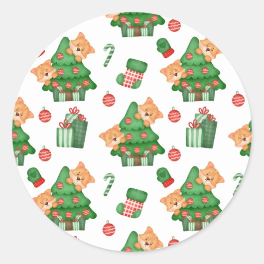 Kerstbomen, Ornamenten en katten Ronde Sticker (Voorkant)