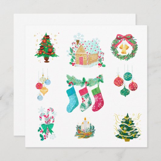 Kerstbomen, Ornamenten en kousen Feestdagenkaart (Voorkant / Achterkant)