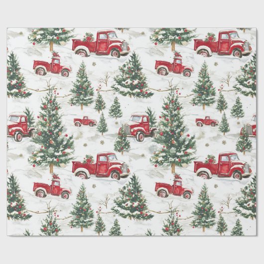 Kerstbomen oude rode vrachtwagen cadeaupapier (Vlak)