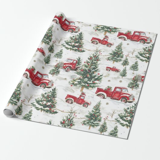 Kerstbomen oude rode vrachtwagen cadeaupapier (Uitgerold)
