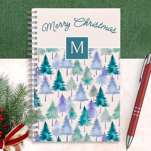 Kerstbomen Patroon Blozend Roze Monogram Notitieboek