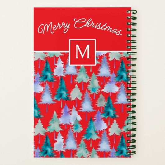 Kerstbomen Patroon Feestelijke rode monogram Notitieboek (Achterkant)