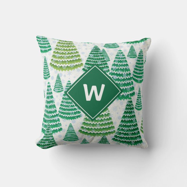 Kerstbomen Patroon Monogrammed Initiaal Kussen (Voorkant)