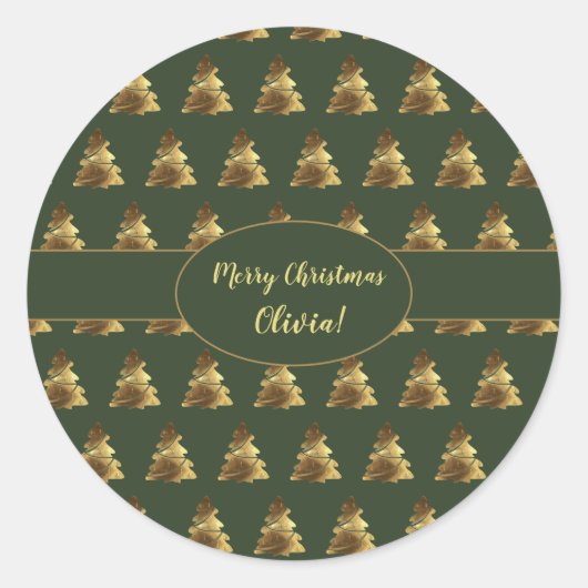 Kerstbomen Pattern Hunter Green Gold Elegant Ronde Sticker (Voorkant)