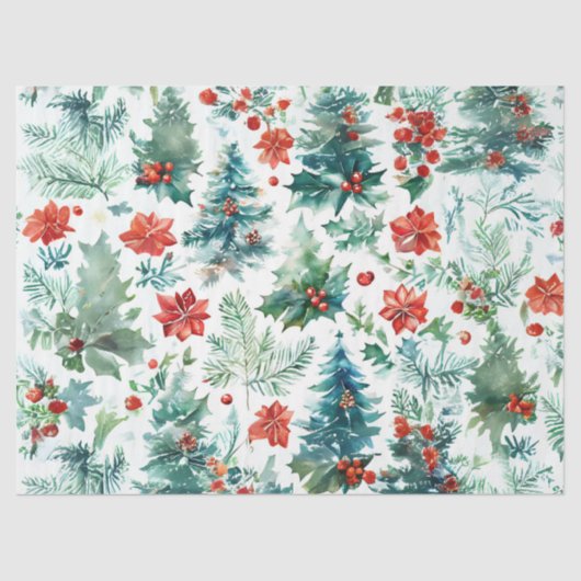 Kerstbomen, Poinsettia's, Holly en Pine Deco Tissuepapier (Voorkant)
