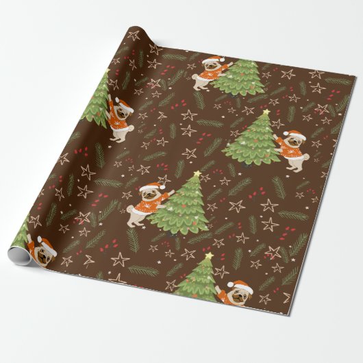 Kerstbomen &pug hondenpatroon aangepaste achtergro cadeaupapier (Uitgerold)