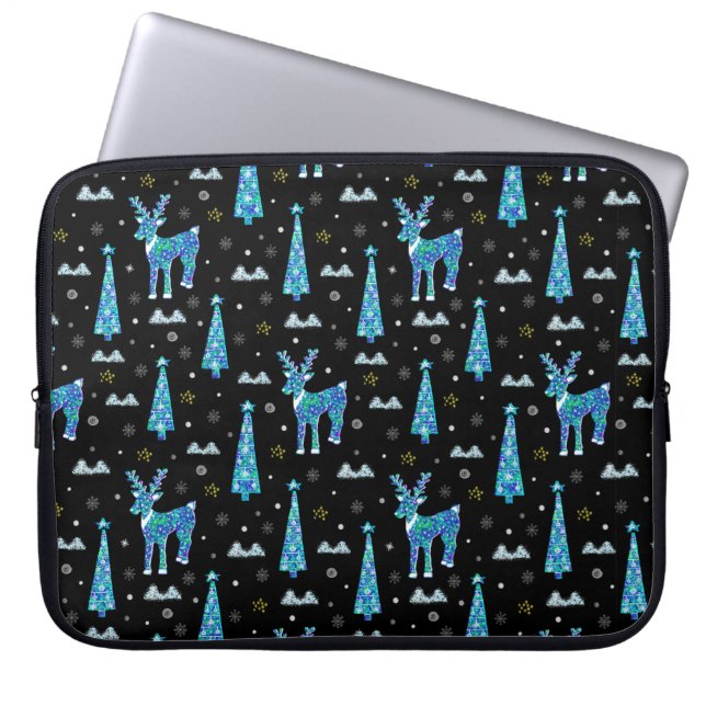 kerstbomen, rendiersneeuwvlokken. Winter illus Laptop Sleeve (Voorkant)