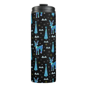 kerstbomen, rendiersneeuwvlokken. Winter illus Thermosbeker