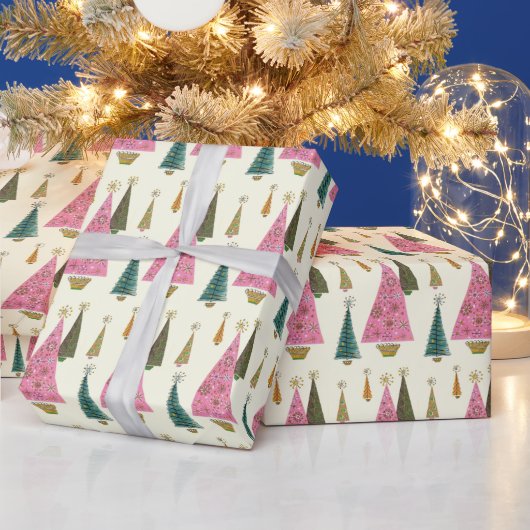 kerstbomen Retro Pink Gold Green Cadeaupapier (Feestdagen)