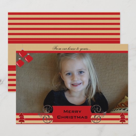 Kerstbomen Rode Stripe Holiday-fotokaart Feestdagenkaart (Voorkant / Achterkant)