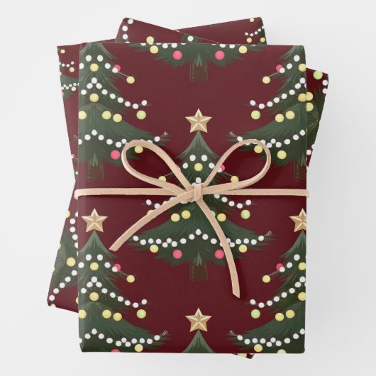 Kerstbomen rood inpakpapier set (In situ)