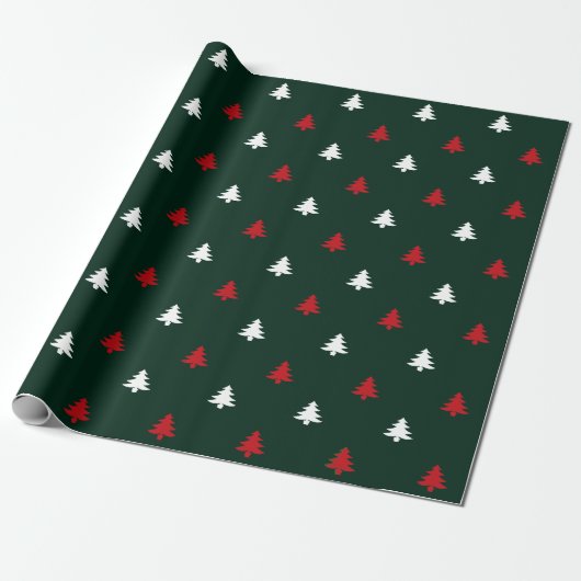kerstbomen rood wit donkerdengroen patroon cadeaupapier (Uitgerold)