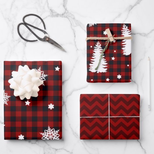 Kerstbomen Rood Zwart Geruit Chevron Inpakpapier Vel (Voorkant)