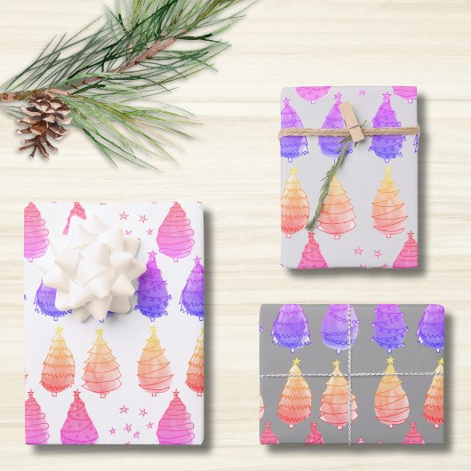 kerstbomen Roze Paars Inpakpapier Vel
