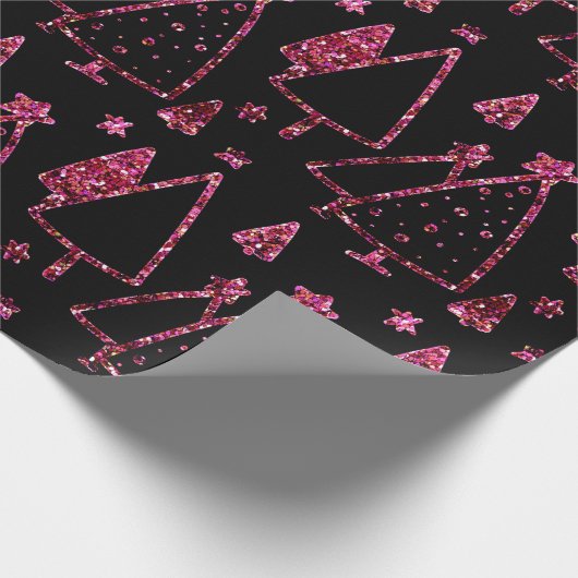 Kerstbomen Roze Rose Girly Spark Black Sequin Cadeaupapier (Hoek)