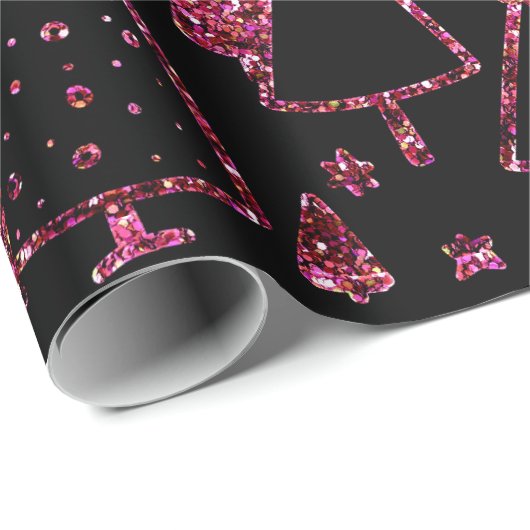 Kerstbomen Roze Rose Girly Spark Black Sequin Cadeaupapier (Rol Hoek)
