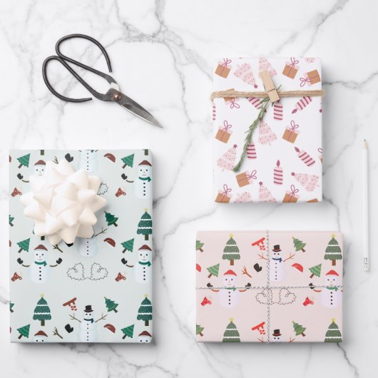 Kerstbomen Sneeuwmannen Kaarsen Cadeaus Kerstmis Inpakpapier Vel (Voorkant)
