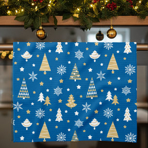 Kerstbomen & Sneeuwvlokken Patroon Blauw Theedoek