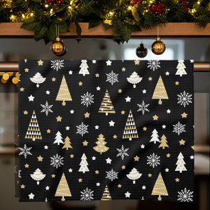 Kerstbomen & Sneeuwvlokken Patroon Zwart Theedoek