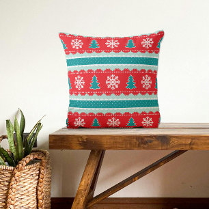 Kerstbomen Sneeuwvlokken Rood Blauwgroen Patroon Kussen