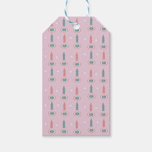 Kerstbomen Sneeuwvlokken Roze Groen Cadeaulabel (Voorkant)