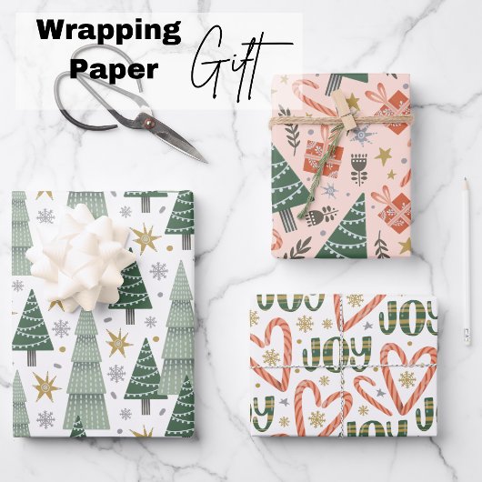 Kerstbomen, snoepstokken en cadeaus inpakpapier vel