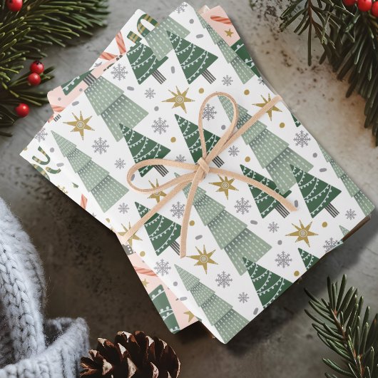 Kerstbomen, snoepstokken en cadeaus inpakpapier vel